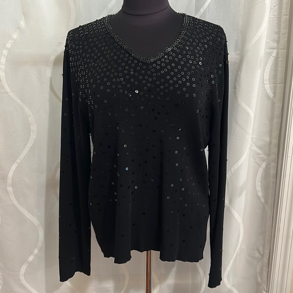 Laura Ashley Sweaters - Laura Ashley, Black, V Neck, Sequins Long Sleeve Sweater, Size XL.